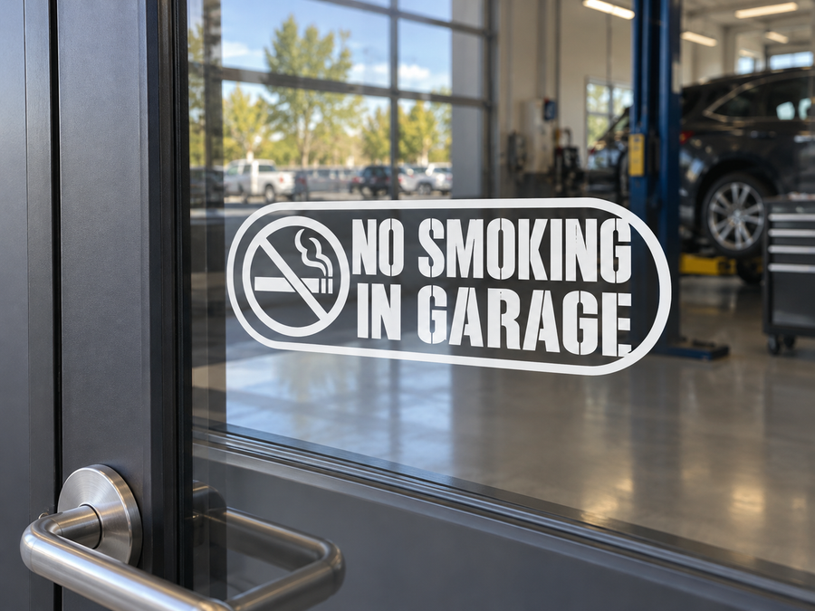 Pill-shaped vinyl decal: No Smoking in Garage with cigarette icon and slash, white text