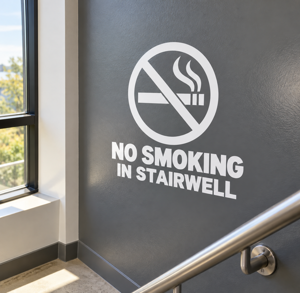 No smoking in stairwell vinyl decal with crossed cigarette icon and warning text