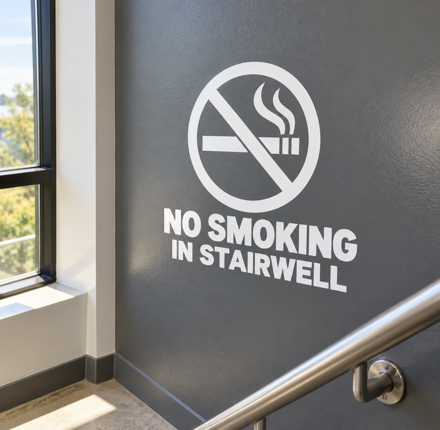 No smoking in stairwell vinyl decal with crossed cigarette icon and warning text