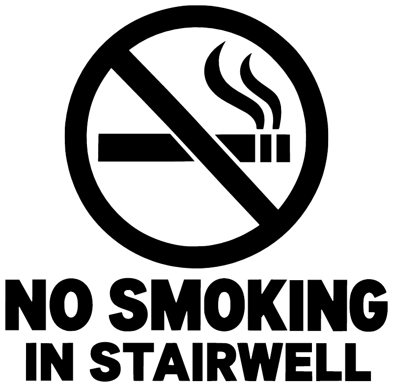 No smoking in stairwell vinyl decal close-up: crossed cigarette symbol and bold text
