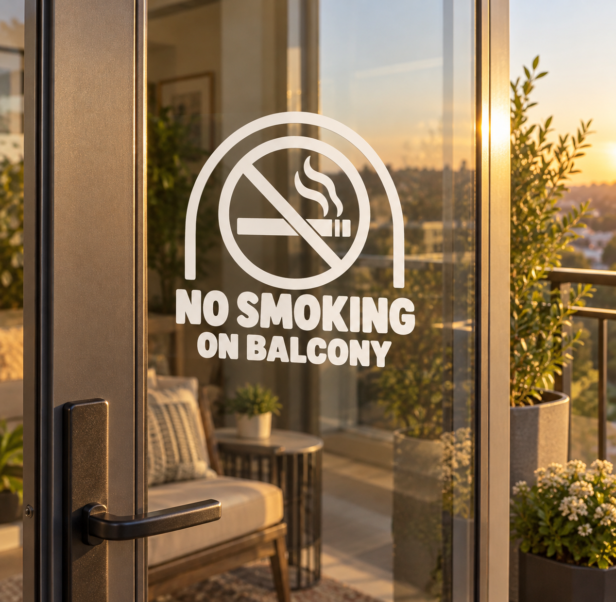 No smoking balcony arch vinyl decal with crossed cigarette symbol and text on glass