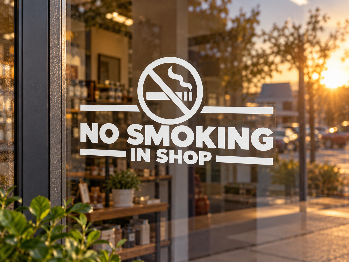 No Smoking In Shop vinyl decal with no-cigarette symbol and bold text