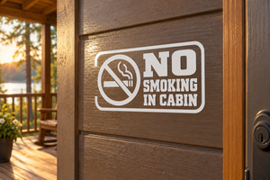 No Smoking in Cabin vinyl decal with cigarette-ban symbol and bold text