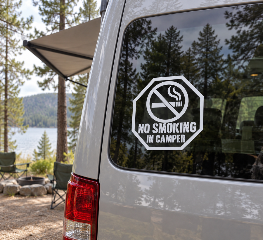 Octagon vinyl decal: no smoking in camper with smoking icon and slash