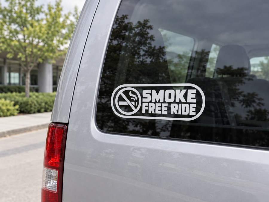 Smoke Free Ride vinyl car decal with no-smoking symbol on window