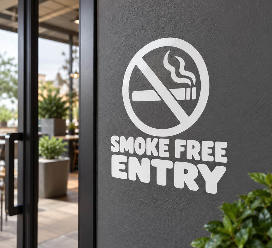 Smoke-free entry vinyl decal with no-smoking symbol and text on a dark surface