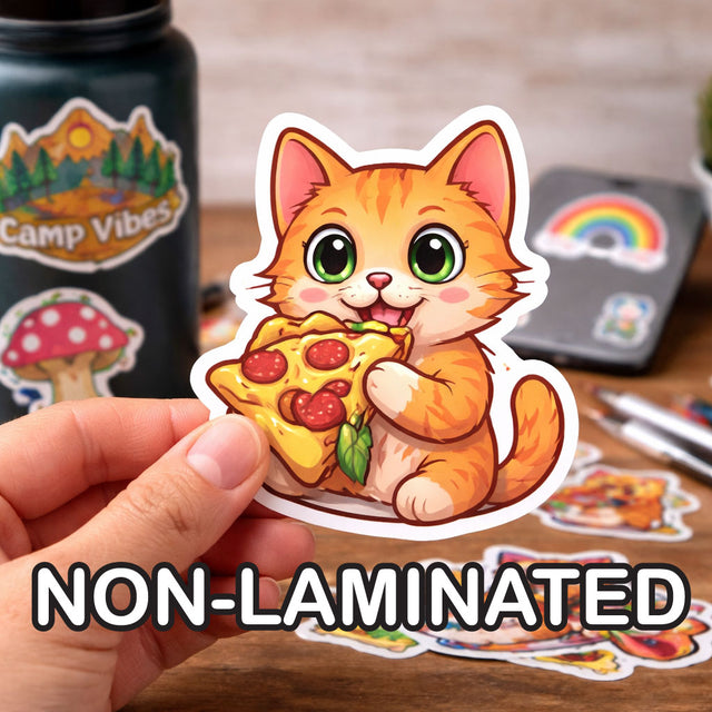 Non-laminated vinyl sticker of orange cartoon cat holding pizza