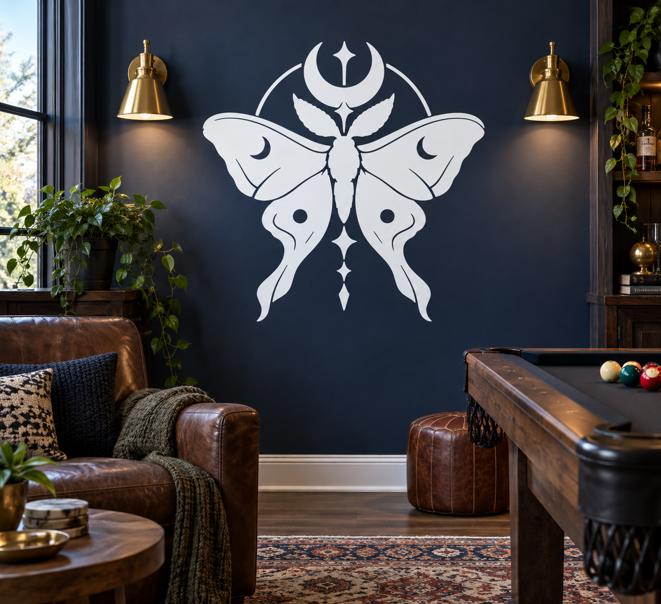 Crescent moth emblem vinyl decal, white graphic with crescent moon and symmetrical wings