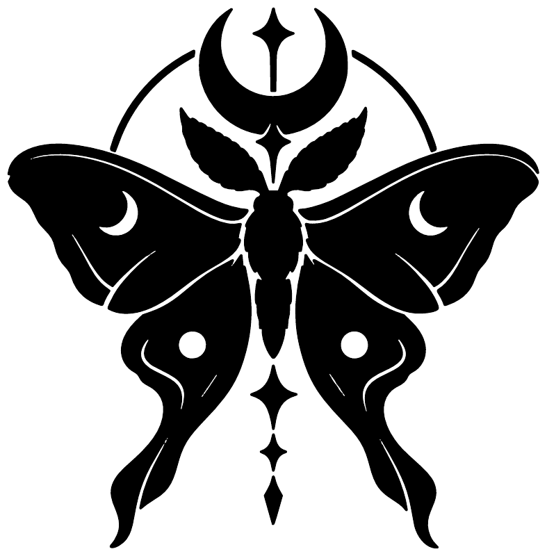 Crescent moth emblem vinyl decal, black and white moth with crescent moon center