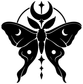 Crescent moth emblem vinyl decal, black and white moth with crescent moon center