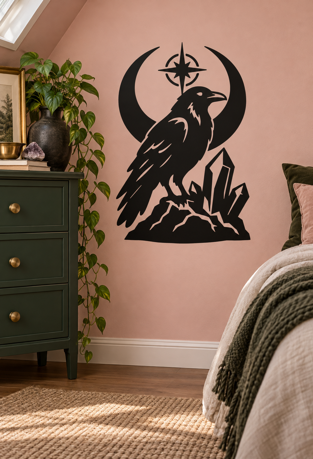 Black raven and crystal shards vinyl wall decal with circular star emblem