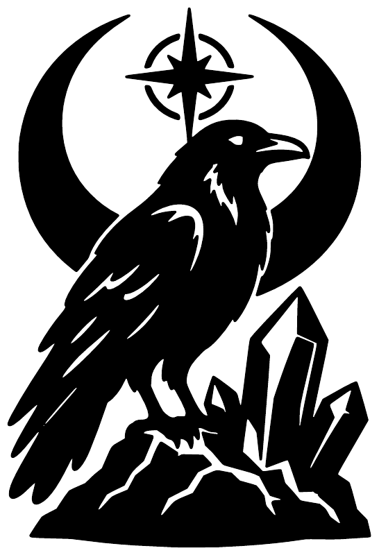 Vinyl decal of black raven over crystal shards with star compass emblem