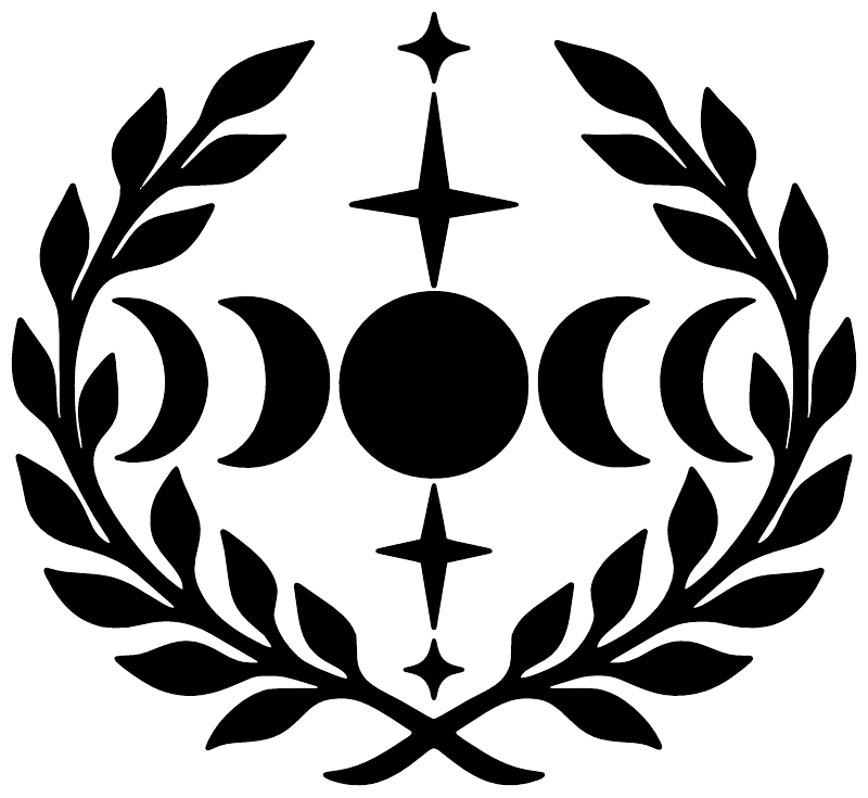 Black moon-phase laurel wreath vinyl decal with crescent moons and stars