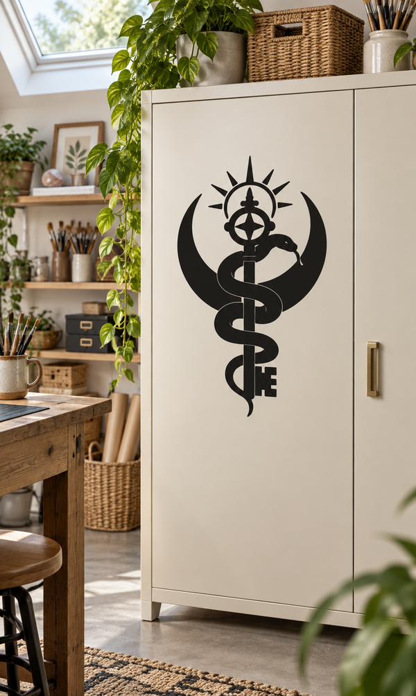 Black occult snake symbol vinyl decal on a light cabinet door