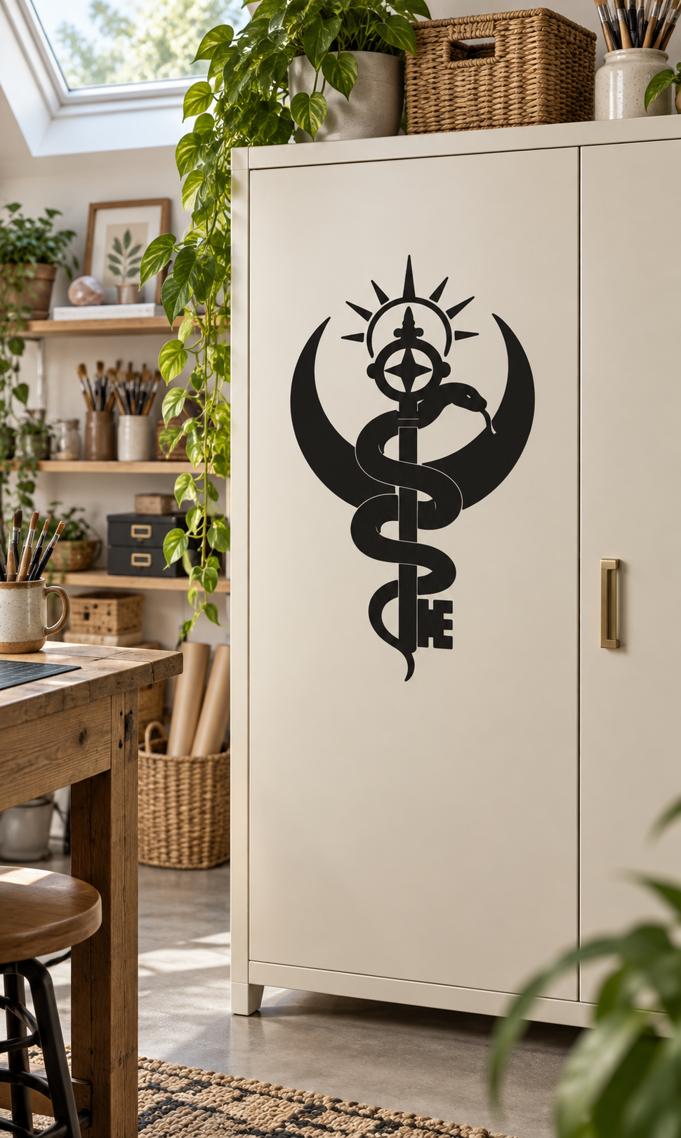 Black occult snake symbol vinyl decal on a light cabinet door