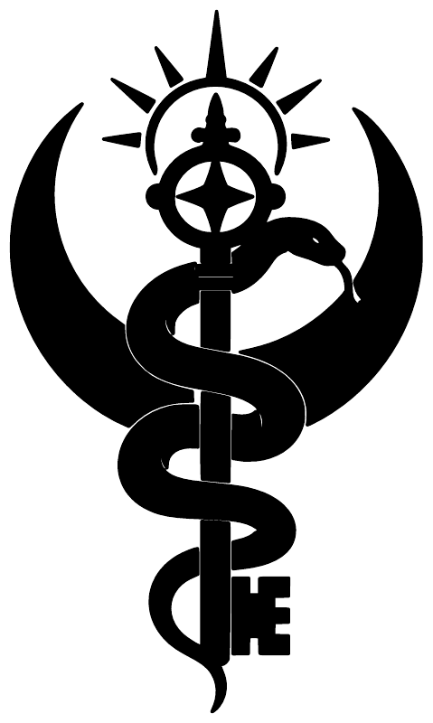 Black occult snake and staff symbol vinyl decal, close-up design