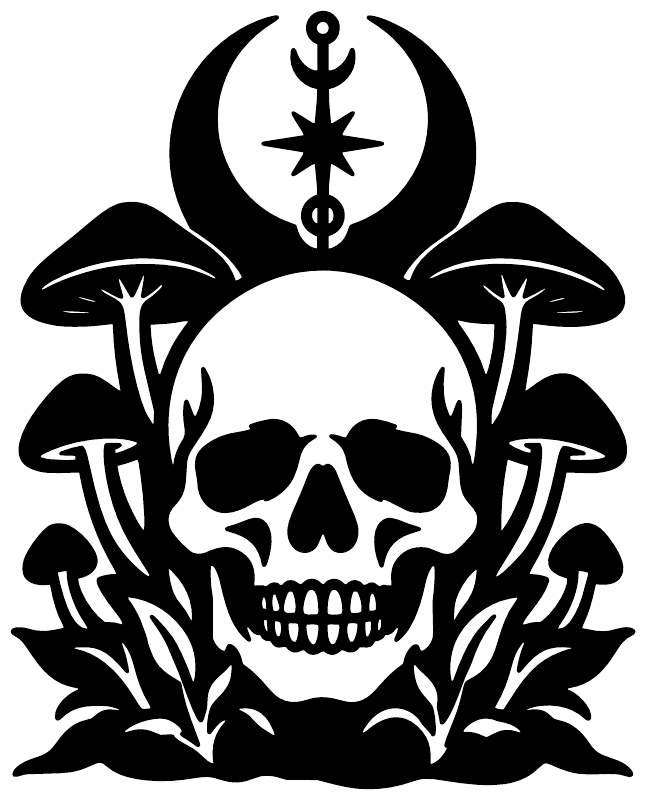 Black skull and mushroom vinyl decal with crescent moon, dagger staff and vines