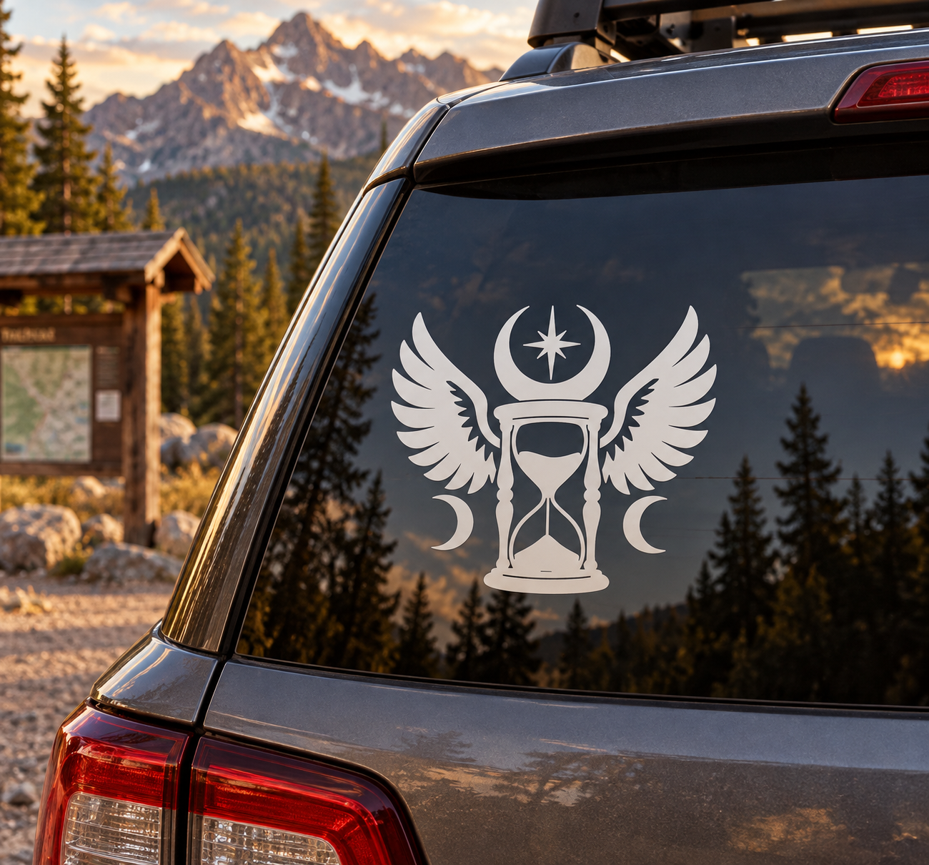 White hourglass wings vinyl decal with crescent moons and star symbol