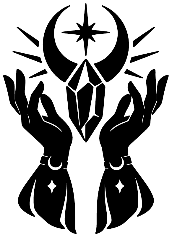 Black-and-white vinyl decal of crystal hands framing a star over a crescent moon