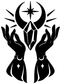 Black-and-white vinyl decal of crystal hands framing a star over a crescent moon