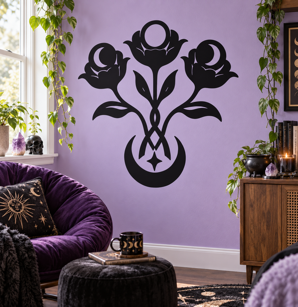 Three Moon Flowers vinyl decal: black three-moon floral silhouette with central flower and crescent