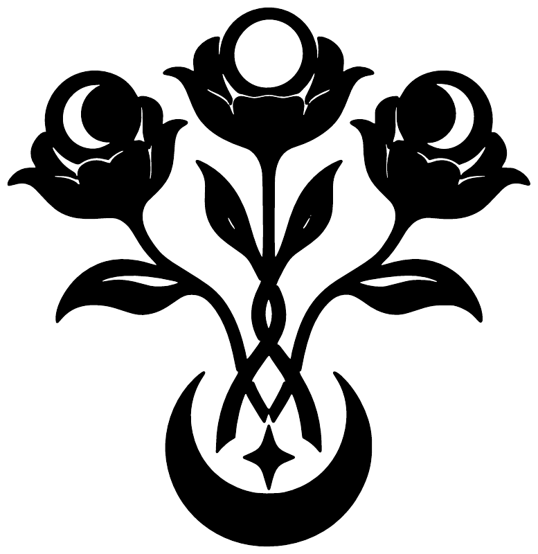 Moon-flower vinyl decal with three black moon faces, central stem, and crescent accents