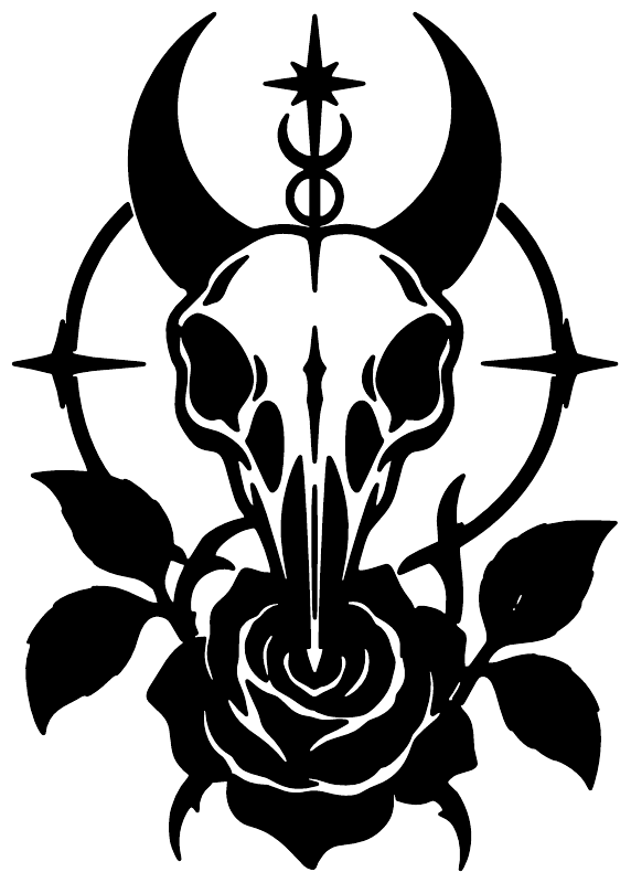 Black skull-and-rose vinyl decal with crescent moons and thorny leaves