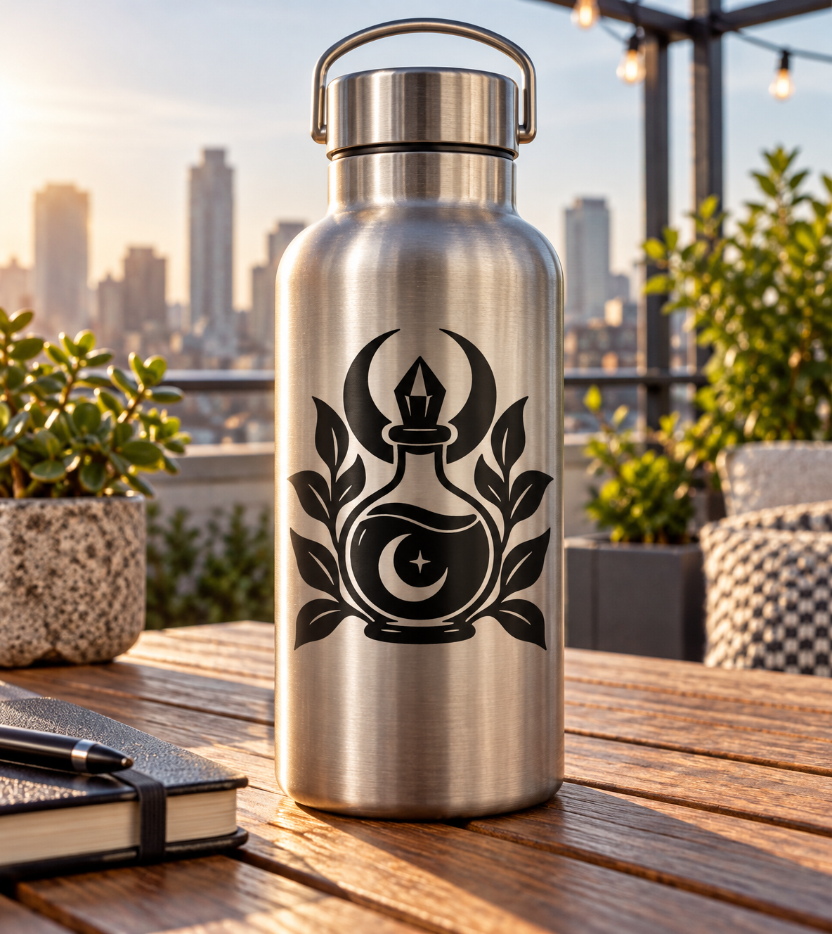 Potion bottle vinyl decal with black cauldron, crescent moon, star, and leaf flames