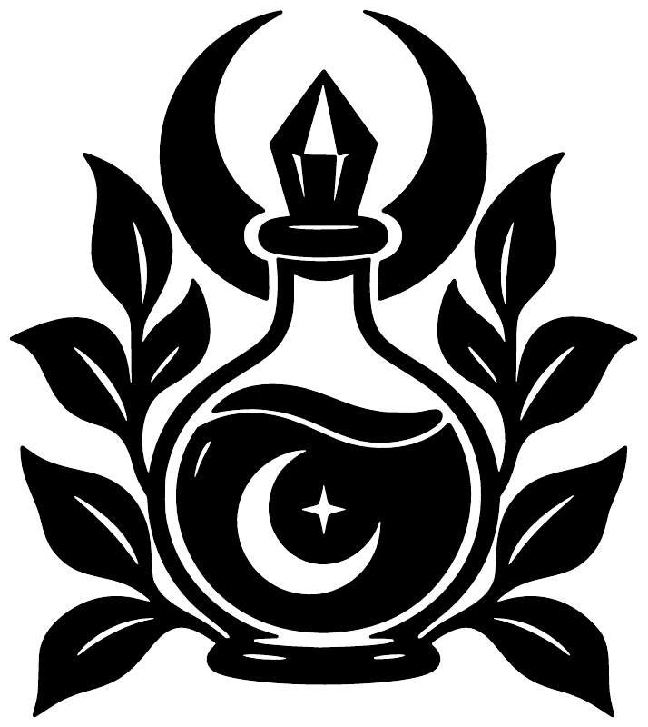 Black potion bottle vinyl decal graphic with cauldron, moon, star, and leafy flames