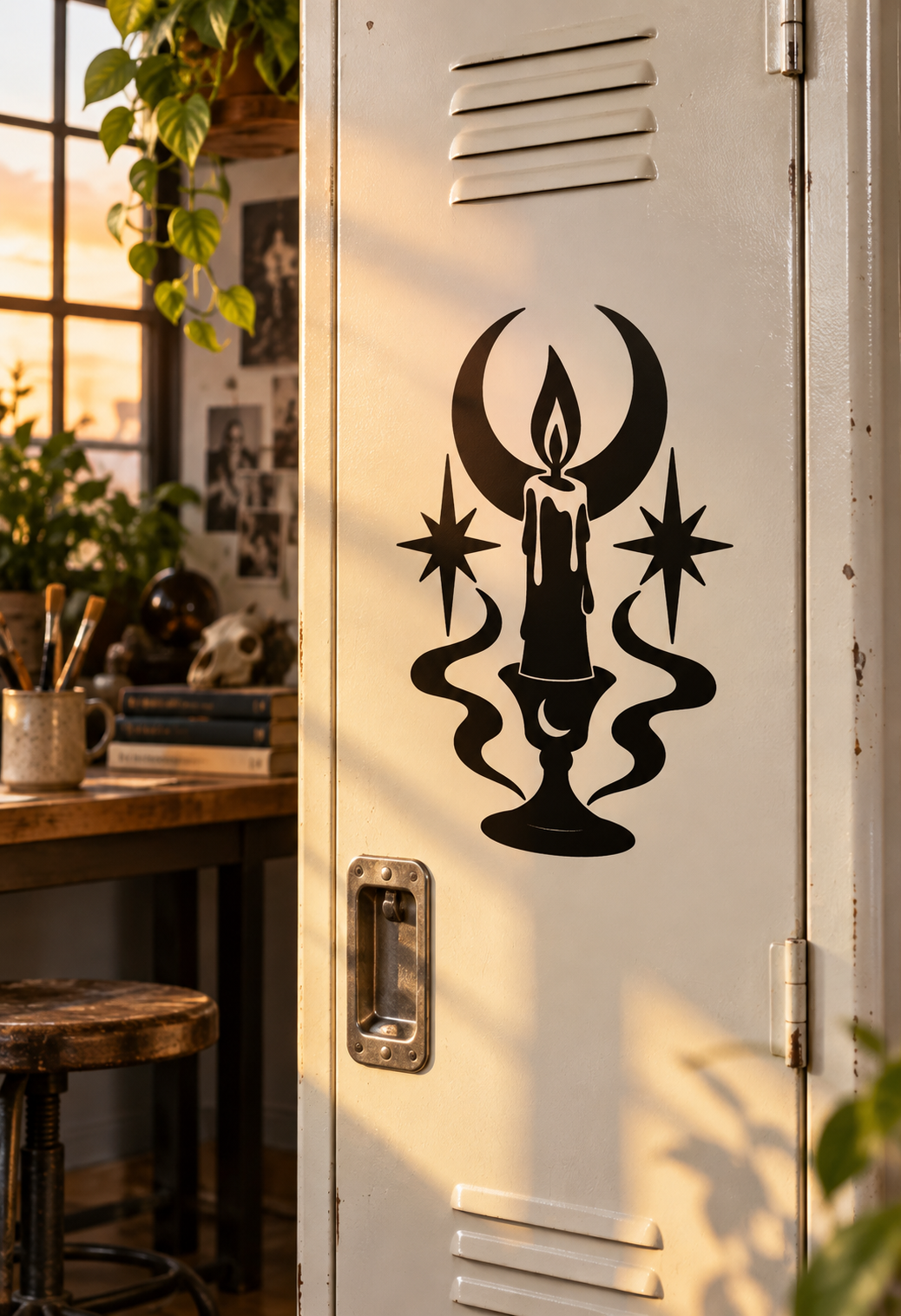 Black vinyl decal of a burning candle with crescent moon and star accents