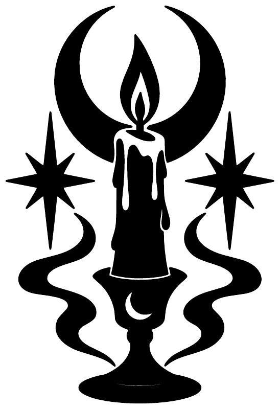 Black vinyl decal graphic: flaming candle with crescent moon, drip shapes, and star bursts