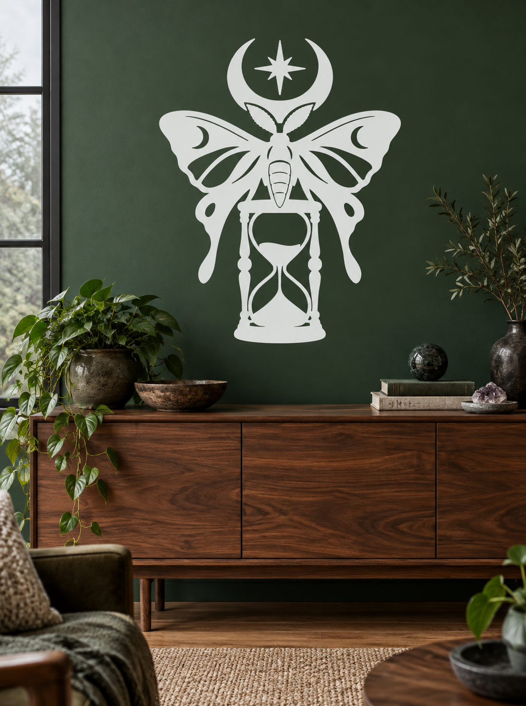 Vinyl decal featuring a white moth with hourglass body and crescent moon stars