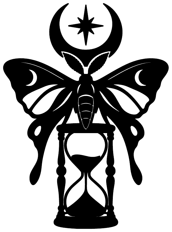 Vinyl decal featuring a black moth with hourglass shape, crescent moons, and star accents