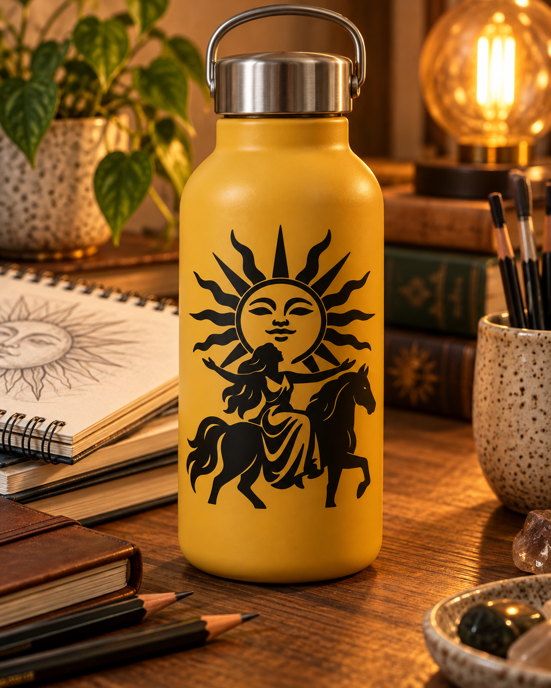 Tarot sun emblem vinyl decal on a yellow bottle, black illustrated sun figure design