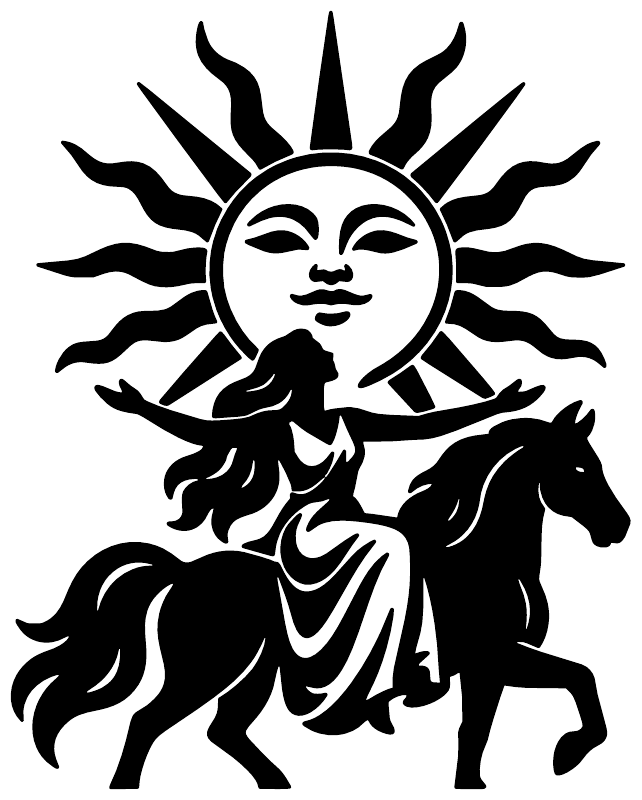 Tarot sun emblem vinyl decal, black sun-faced figure riding a horse on white