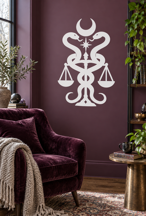 Balance vinyl decal with serpent scales and crescent moon, white design on wall