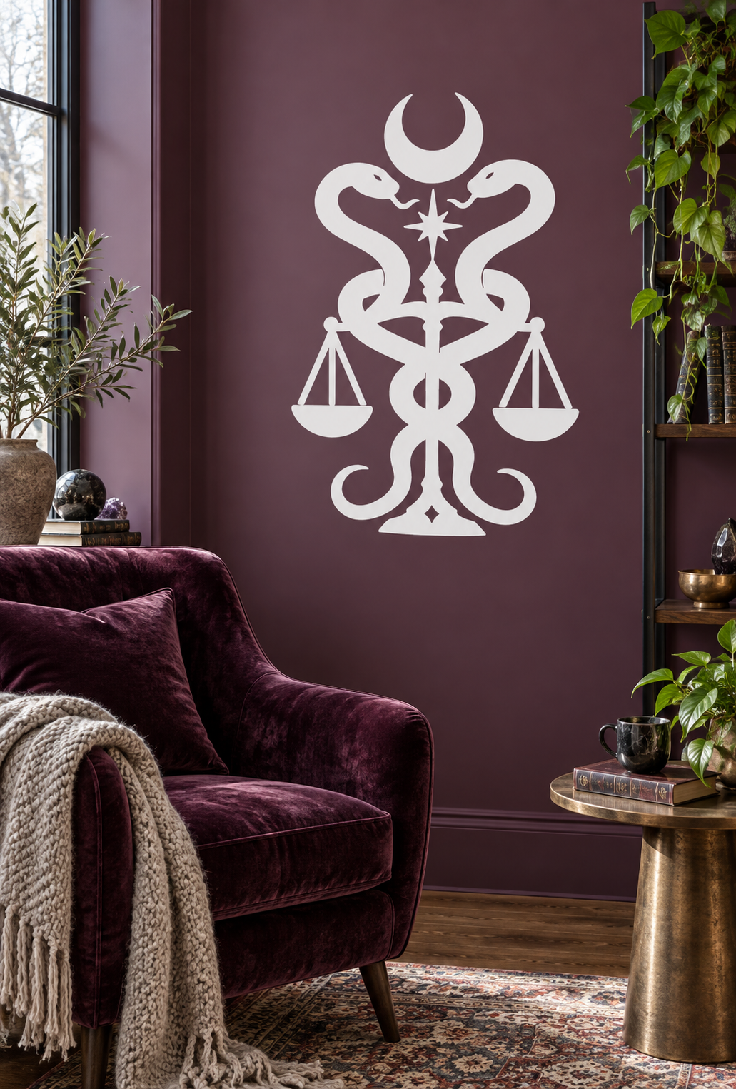 Balance vinyl decal with serpent scales and crescent moon, white design on wall