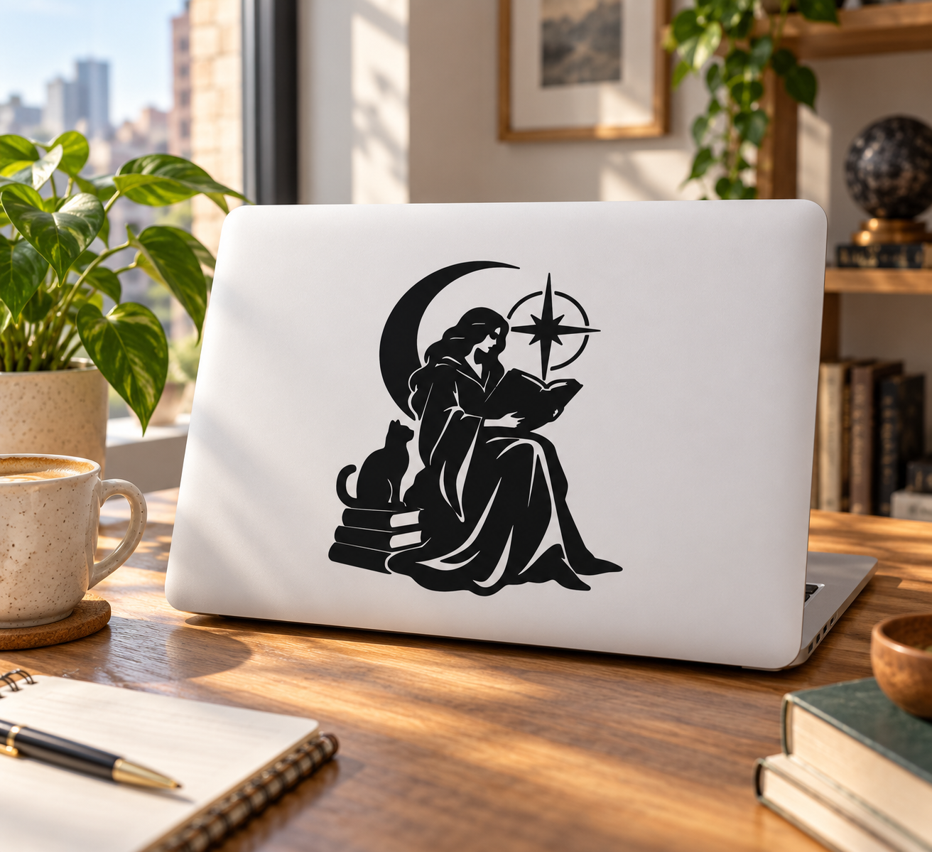 Moon Book Scholar vinyl decal: seated scholar with cat, reading book, moon crescent and star, black