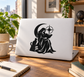 Moon Book Scholar vinyl decal: seated scholar with cat, reading book, moon crescent and star, black