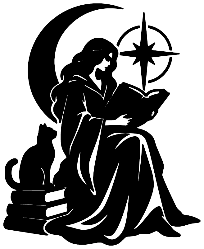 Moon Book Scholar vinyl decal close-up: scholar reading book with cat, moon crescent, and star, black