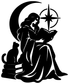 Moon Book Scholar vinyl decal close-up: scholar reading book with cat, moon crescent, and star, black