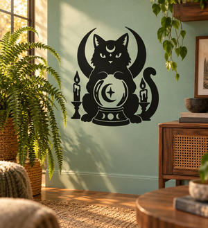 Black cat crystal ball vinyl decal with candles and crescent shapes