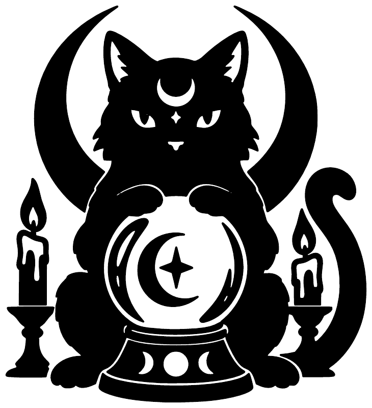 Black cat vinyl decal with crescent horns, candles, and a crystal ball center