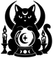Black cat vinyl decal with crescent horns, candles, and a crystal ball center