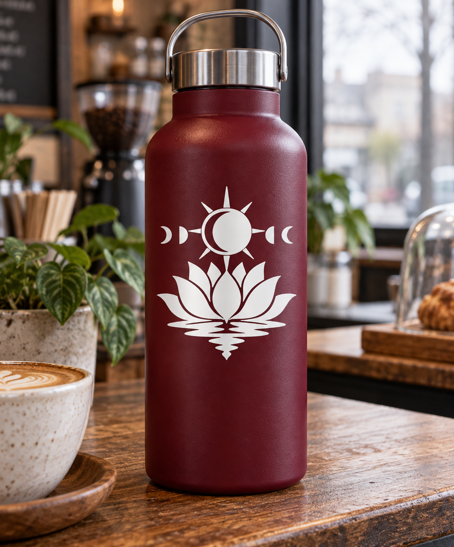 Maroon tumbler with white lotus occult vinyl decal, sun-and-crescent symbol