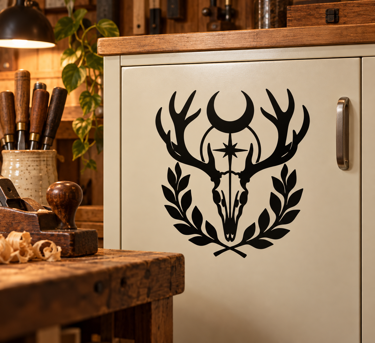 Black stag skull with antlers and laurel vinyl decal on a cabinet door