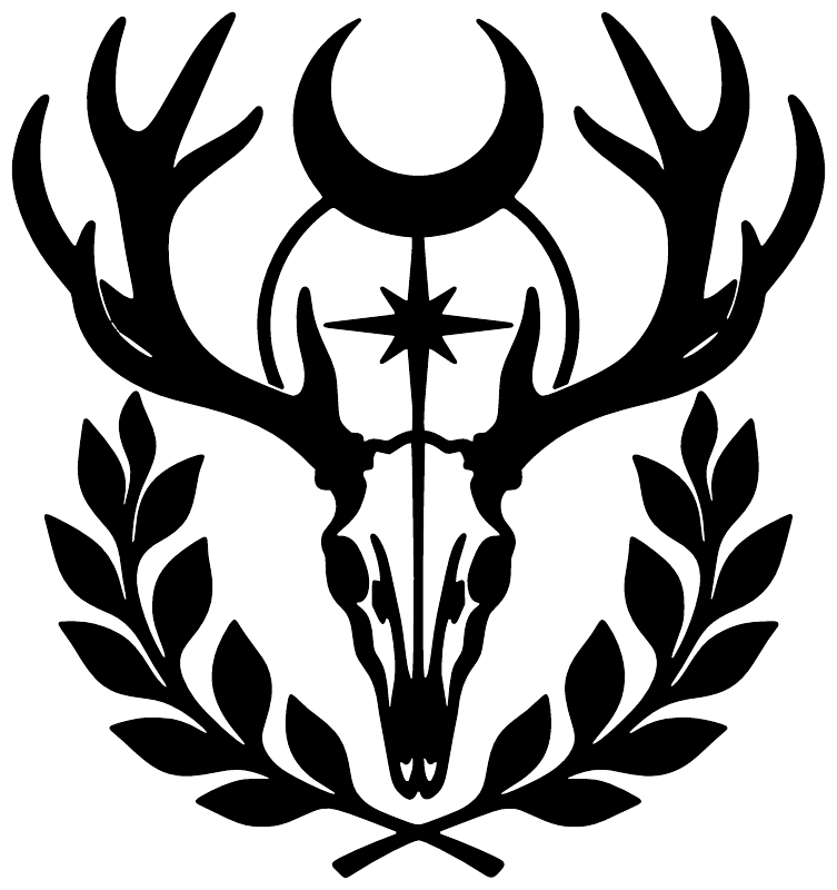 Black stag skull vinyl decal with antlers, star, and laurel wreath