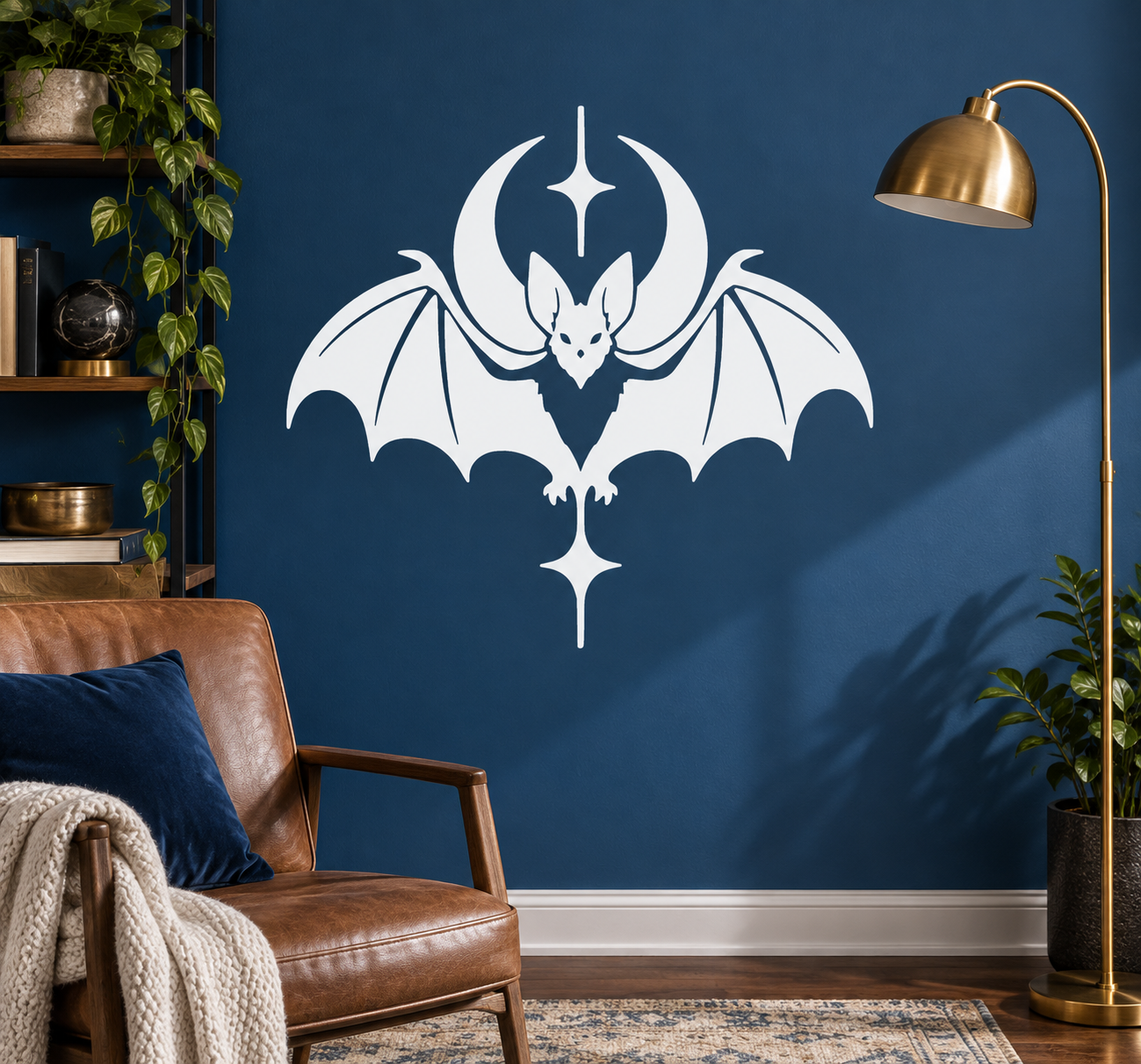 White bat and moon vinyl wall decal with long wings and star-like center symbol