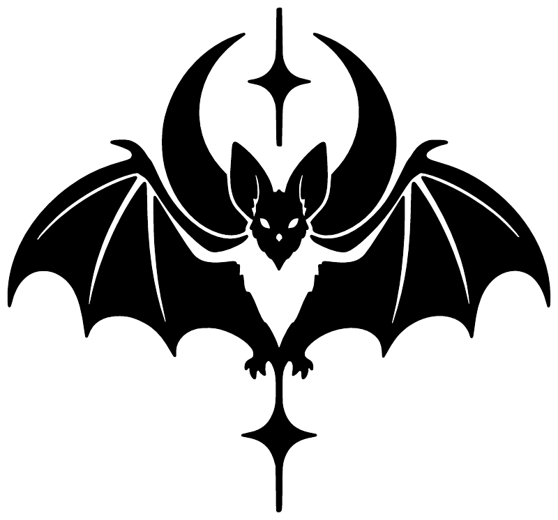 Black bat and moon vinyl wall decal with long wings and star-like center symbol