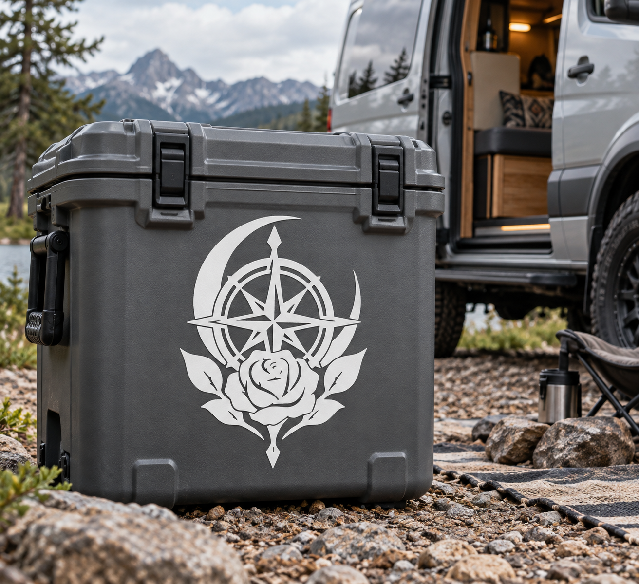 Black and white rose-and-compass occult vinyl decal on dark gray storage case